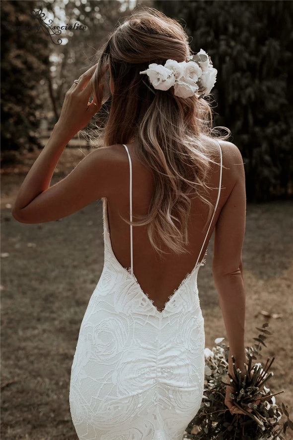 Boho Mermaid Wedding Dress 2021 with Spaghetti Straps