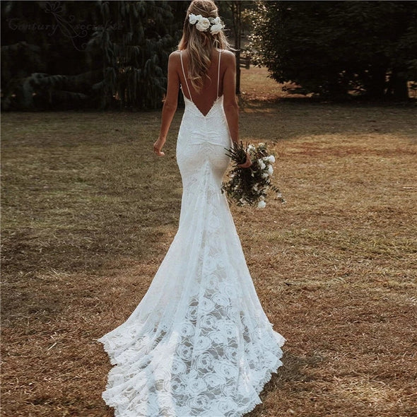 Boho Mermaid Wedding Dress 2021 with Spaghetti Straps