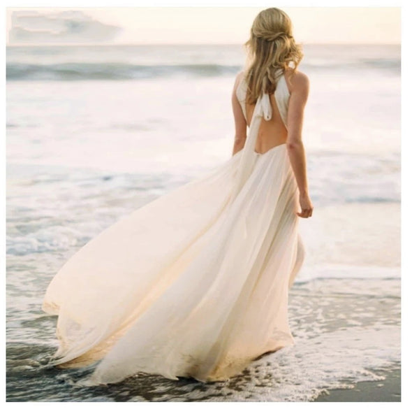 Summer A Line Chiffon Backless Beach Bridal Gown