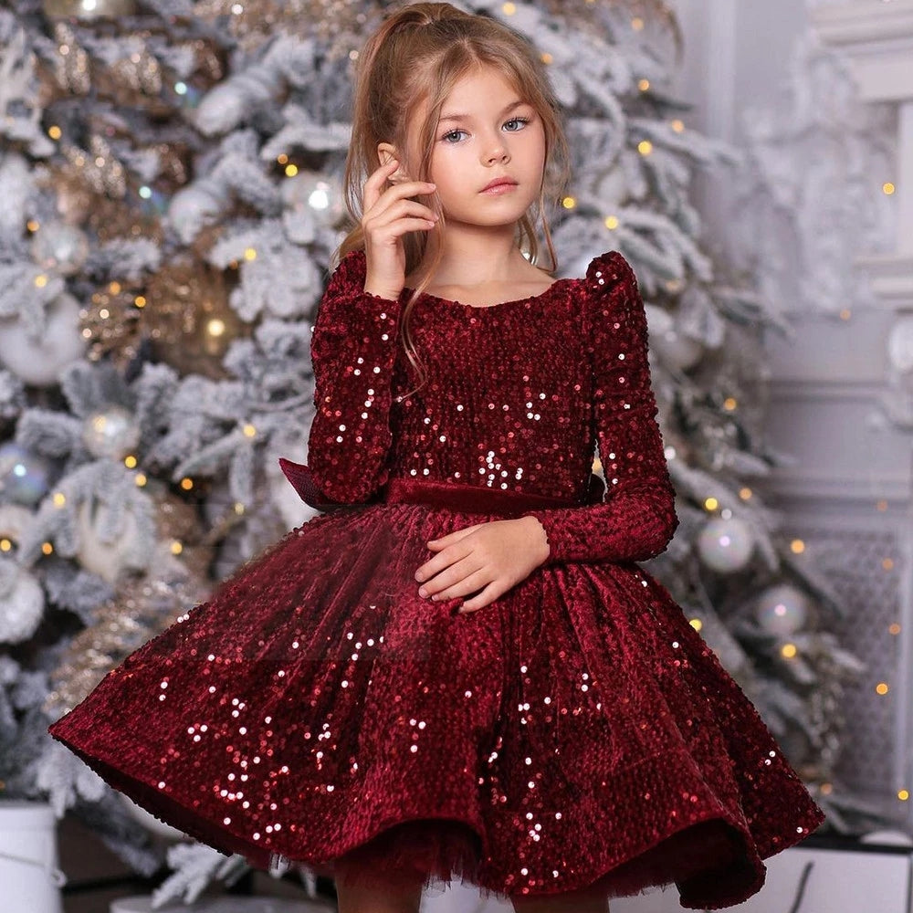Burgundy Sequin Flower Girl Dress Full Sleeves TANYA BRIDAL Burgundy Sequin Flower Girl Dress Full Sleeves TANYA BRIDAL