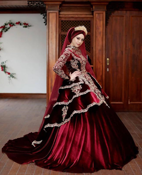 Muslim Burgundy Wedding Dress Long Sleeve Ball Gown TBW05