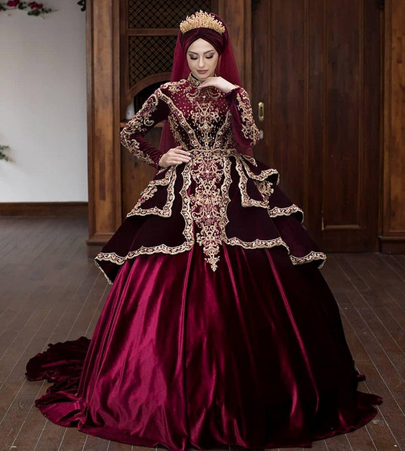 Muslim Burgundy Wedding Dress Long Sleeve Ball Gown TBW05