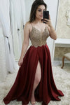 Burgundy Long Prom Dress A Line Sexy Split Evening Dress TB1365