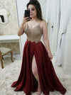 Burgundy Long Prom Dress A Line Sexy Split Evening Dress TB1365