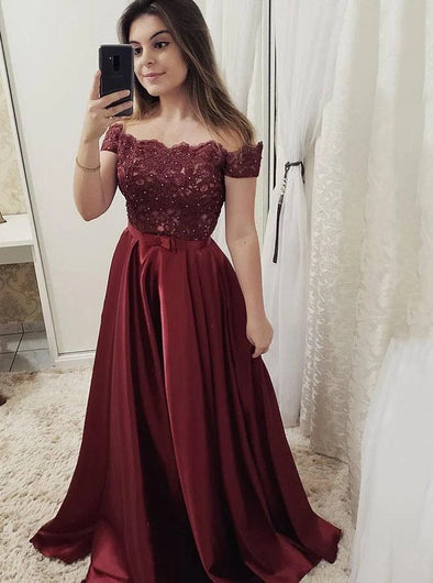 Burgundy Long Prom Dresses Off The Shoulder Appliques Party Dresses TB1356