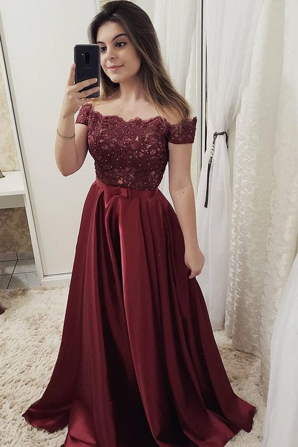 Burgundy Long Prom Dresses Off The Shoulder Appliques Party Dresses TB1356