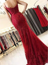 Burgundy Spaghetti Straps Mermaid/Trumpet Long Lace Prom Dress TB1338