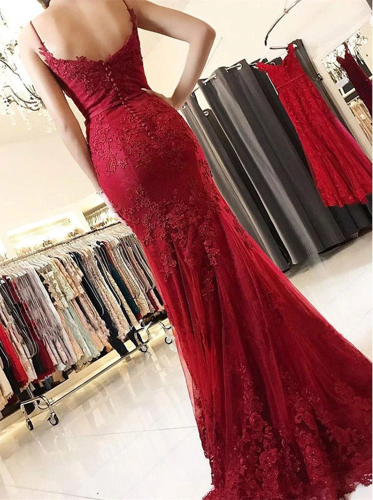 Burgundy Spaghetti Straps Mermaid/Trumpet Long Lace Prom Dress TB1338 TANYA BRIDAL Burgundy Spaghetti Straps Mermaid/Trumpet Long Lace Prom Dress TB1338 TANYA BRIDAL