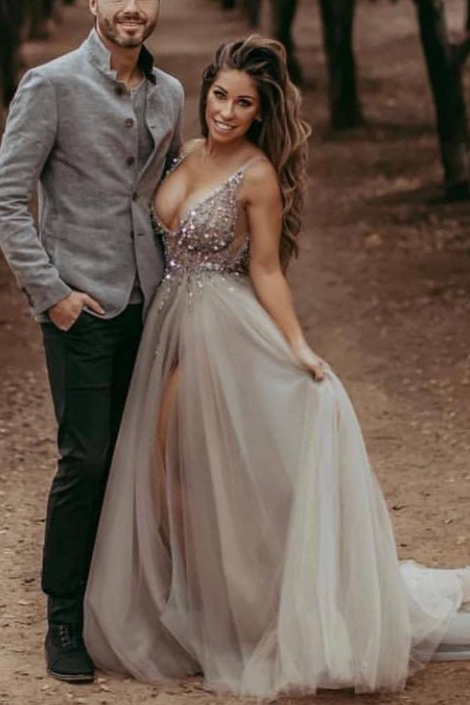 Deep V Sexy Long Prom Dresses With Crystal Bling Bling Split Formal Dress - Deep V Sexy Long Prom Dresses With Crystal Bling Bling Split Formal Dress -