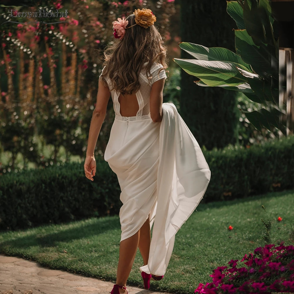 Simple Soft Satin A Line Cap Sleeve Backless Wedding Dresses DW448 – TANYA BRIDAL
