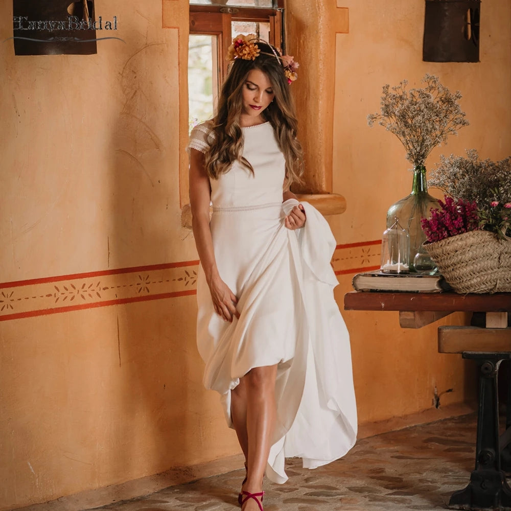 cap sleeve backless dress Leely Women White Mermaid Floor-Length Wedding Dress with Slit Ruched Cap Sleeves Backless Bridal Dress with Ruffles