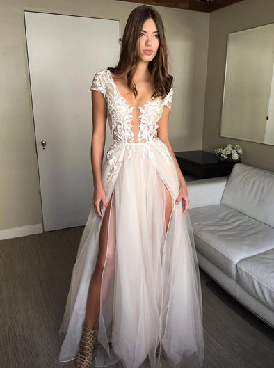 Cap Sleeve A-line Long Backless Prom Dress Slit Evening Dress TB1328