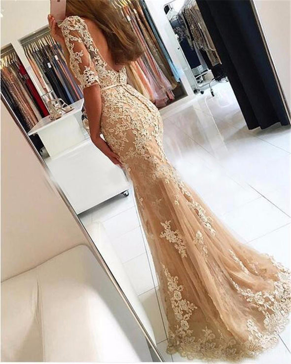 Champagne Prom Dresses Mermaid Tulle Appliques Lace Backless Party Maxys Long Prom Gown Evening Dresses Robe De Soiree
