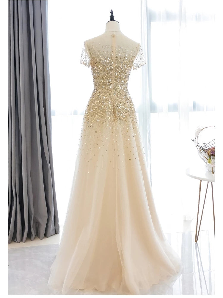 beige prom dresses Short Sleeve Sheer Neck Luxury Prom Dress ZE114 – TANYA BRIDAL