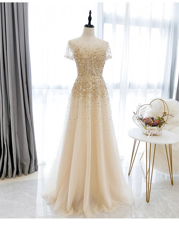 Short Sleeve Sheer Neck Luxury Prom Dress ZE114