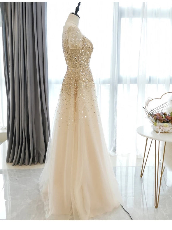 Short Sleeve Sheer Neck Luxury Prom Dress ZE114