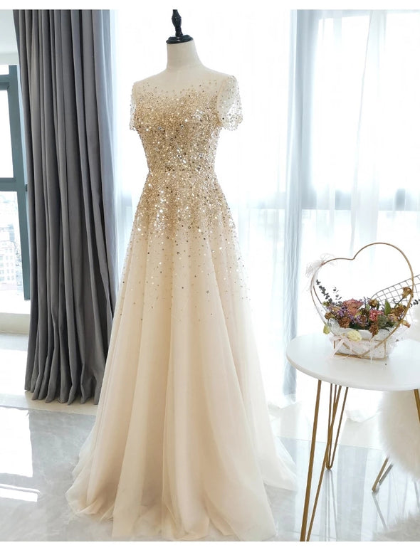 Short Sleeve Sheer Neck Luxury Prom Dress ZE114