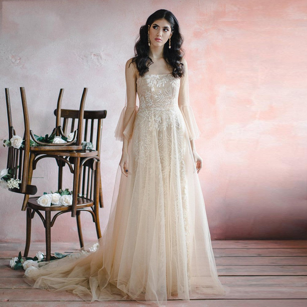 champagne boho dress A-line Boho Champagne Off The Shoulder Wedding Dress Bridal Gown US4 / As Picture