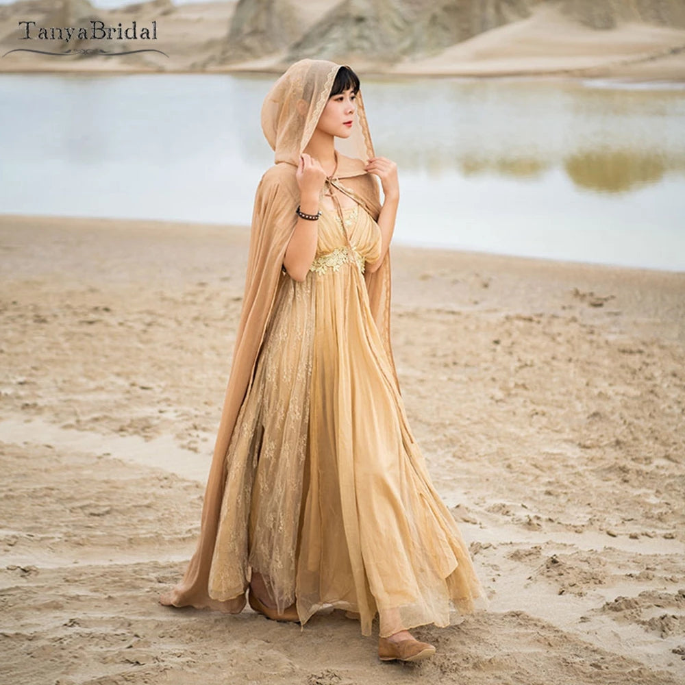 Champagne Chiffon Cape Wedding Shawl Hooded Wrap DJ140 TANYA BRIDAL Champagne Chiffon Cape Wedding Shawl Hooded Wrap DJ140 TANYA BRIDAL
