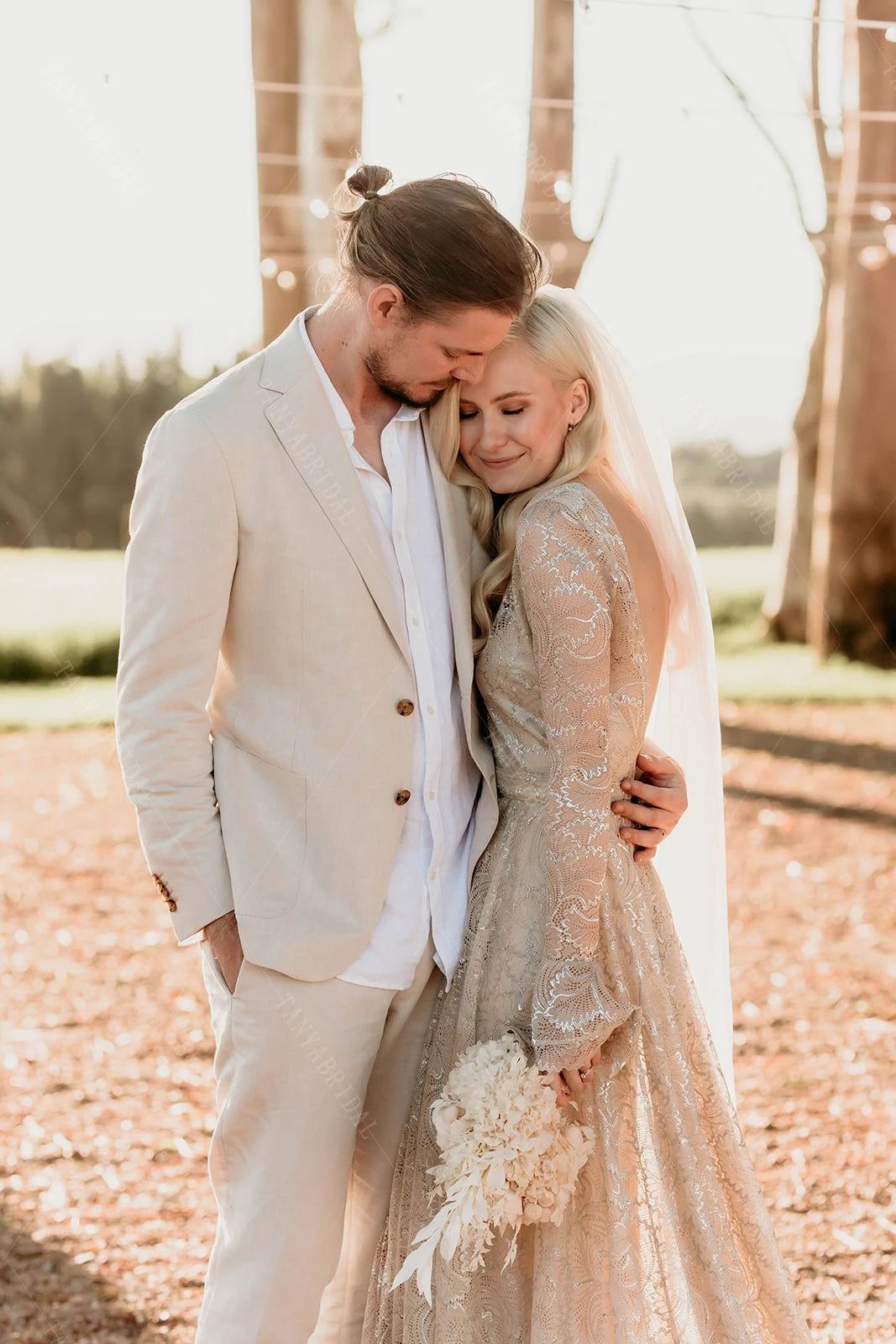 beige wedding dress long sleeve Light Brown Long Sleeve Boho Wedding Dress Rustic Wedding Dress WD741 US2 / Custom Color