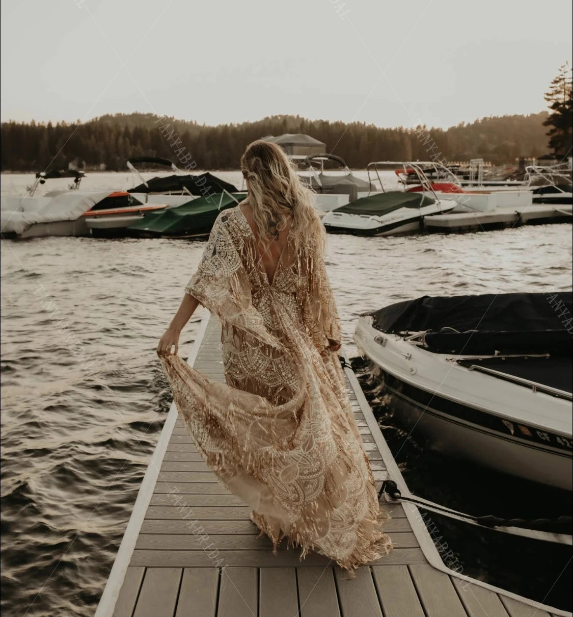 champagne tassel dress Luxury Tassel Champagne Mermaid Evening Dress with Cape SS158 Champagne / 16