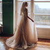 Champagne Tulle A Line Wedding Dresses Sheer Neck Elegant Bridal Gowns Vestido De Noivas DW235