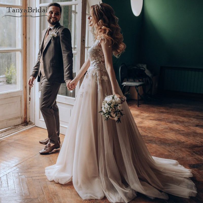 Champagne Tulle A Line Wedding Dresses Sheer Neck Elegant Bridal Gowns Vestido De Noivas DW235 - Champagne Tulle A Line Wedding Dresses Sheer Neck Elegant Bridal Gowns Vestido De Noivas DW235 -