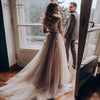 Champagne Tulle A Line Wedding Dresses Sheer Neck Elegant Bridal Gowns Vestido De Noivas DW235