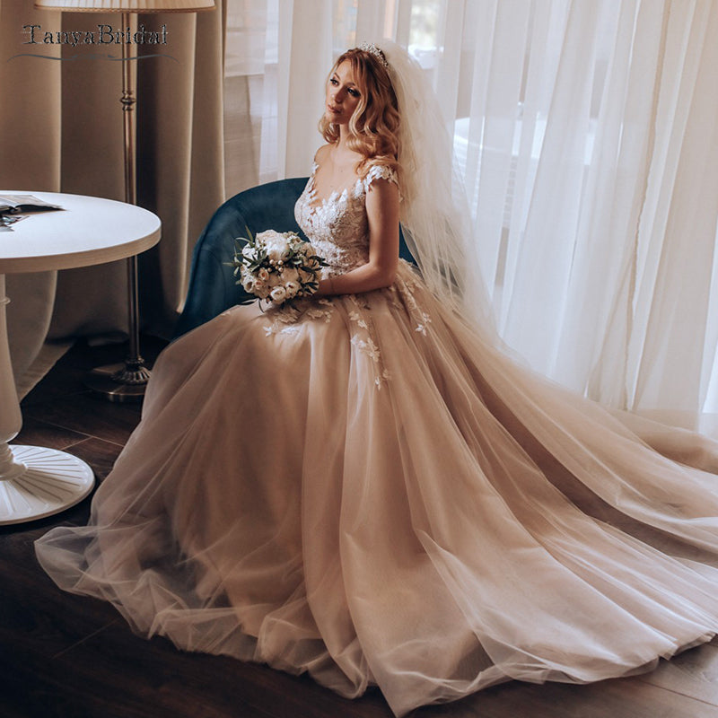 Champagne Tulle A Line Wedding Dresses Sheer Neck Elegant Bridal Gowns TANYA BRIDAL Champagne Tulle A Line Wedding Dresses Sheer Neck Elegant Bridal Gowns TANYA BRIDAL