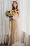 Champagne Tulle Wedding Dresses Full Sleeve Lace Bridal Gowns