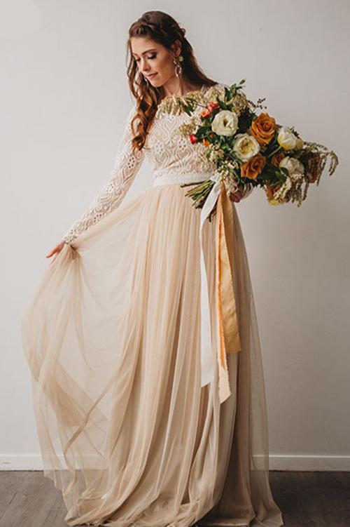 Champagne Long Sleeves A Line Wedding Dress – TANYA BRIDAL