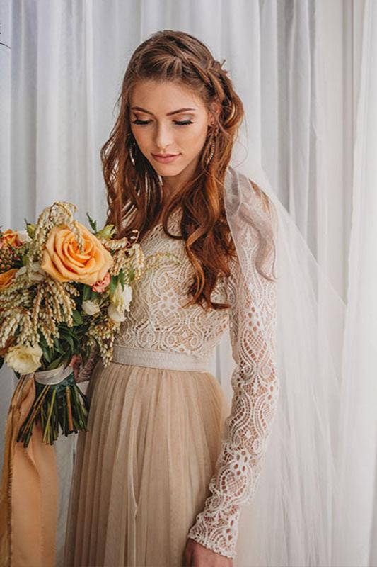 champagne winter wedding dresses Illusion Sequined Lace & Tulle A-line Winter Wedding Dress