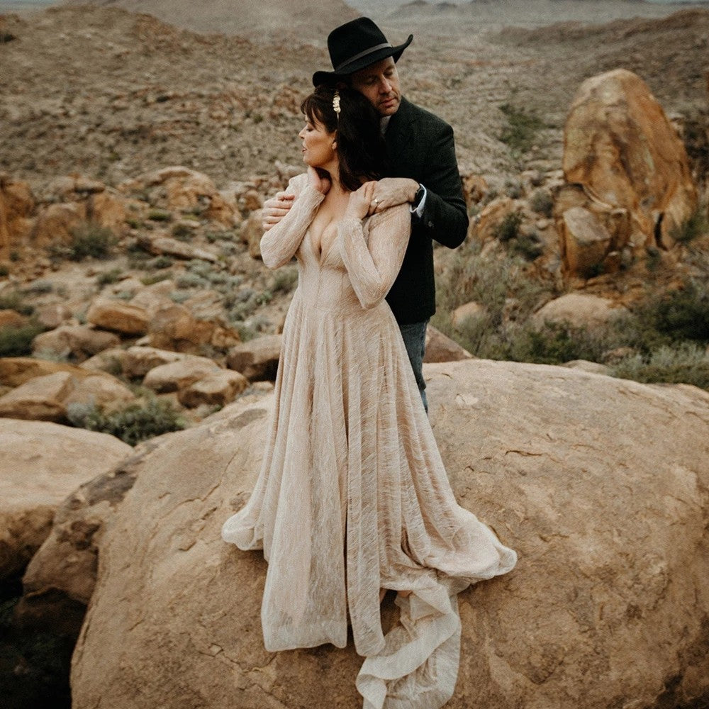 V-Neck Long Sleeve A Line Champagne Chiffon Boho Wedding Dresses Vesti TANYA BRIDAL V-Neck Long Sleeve A Line Champagne Chiffon Boho Wedding Dresses Vesti TANYA BRIDAL