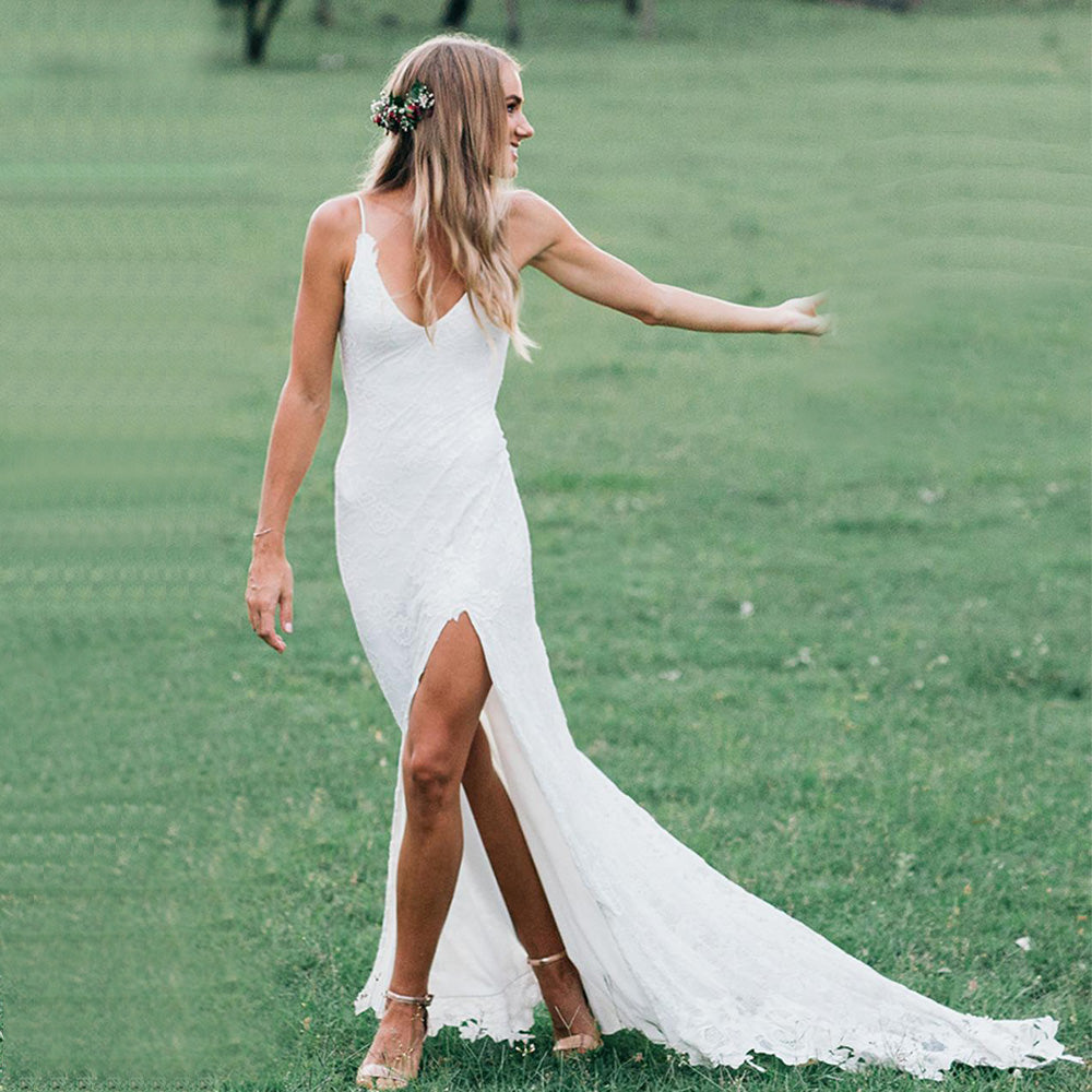 Charming Deep V-neck Lace Wedding Dresses with Slit – TANYA BRIDAL