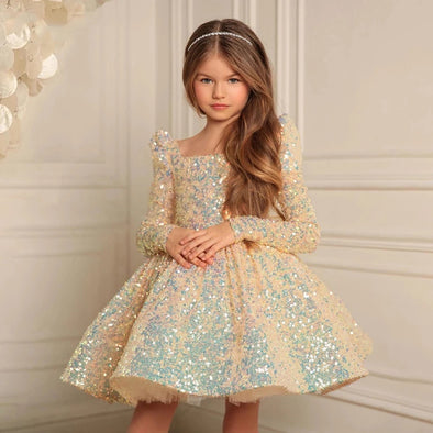 Charming Flowers Girls Dresses Sequin Pleat Square Collar