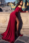 Charming Burgundy Off the Shoulder Long Sleeves Prom Dress With Slit TB1364