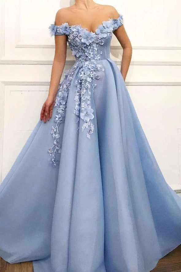 Charming Off Shoulder 3D Flower Appliques Net Blue Prom Dresses TB1329