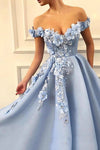 Charming Off Shoulder 3D Flower Appliques Net Blue Prom Dresses TB1329