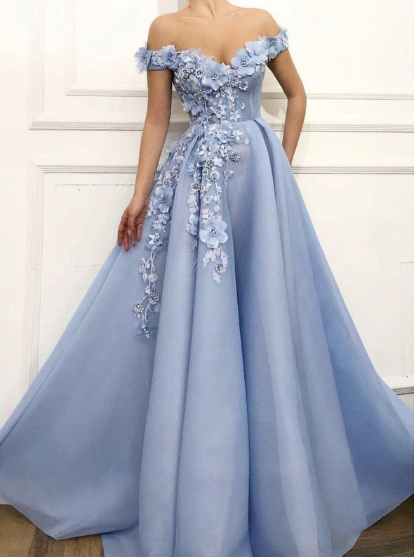 Charming Off Shoulder 3D Flower Appliques Net Blue Prom Dresses TB1329