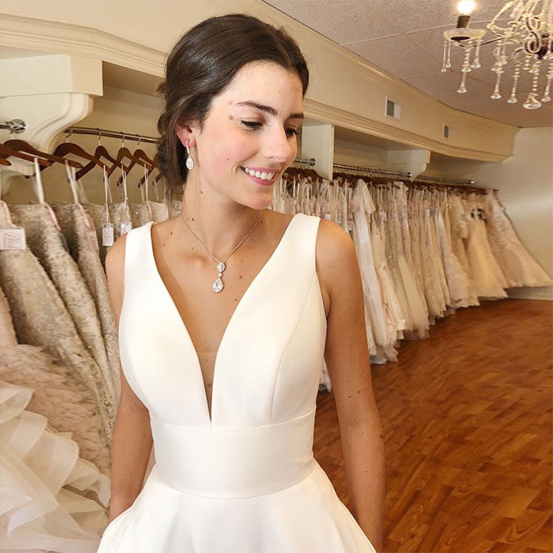 A-line Wedding Dresses Elegant V-neck White Ivory Satin Vestido De Nov TANYA BRIDAL A-line Wedding Dresses Elegant V-neck White Ivory Satin Vestido De Nov TANYA BRIDAL