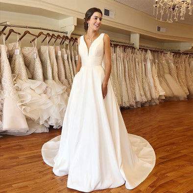 A-line Wedding Dresses Elegant V-neck White Ivory Satin Vestido De Novia