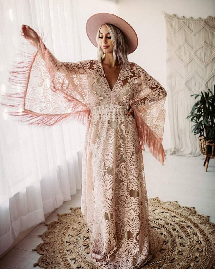 Chic Tassel Pink Lace Bohemia Wedding Dress - Main Image