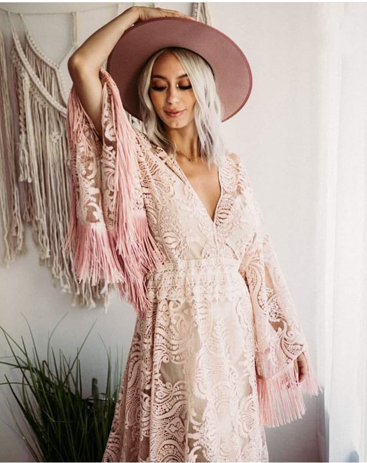 Boho Chic In Pink Dress Chic Tassel Pink Lace Bohemia Wedding Dress