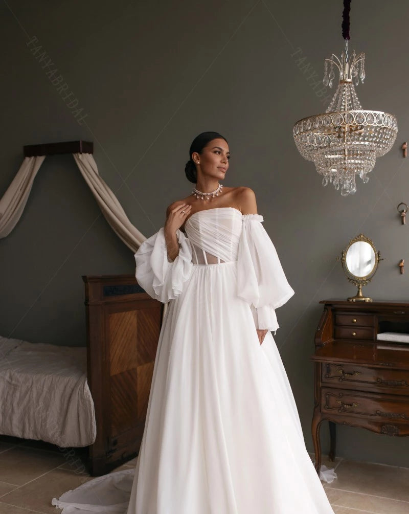 chiffon puff sleeve wedding dress Charming A-Line Square Neck Short Sleeves Wedding Dresses with Train Diamond White / 12