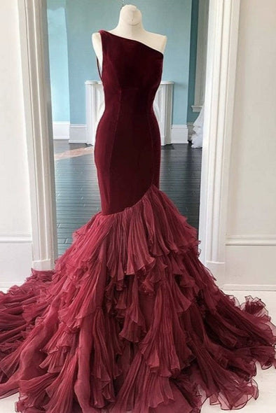 Burgundy One Shoulder Court Train Organza Ruffles Mermaid Velour Prom Dresses