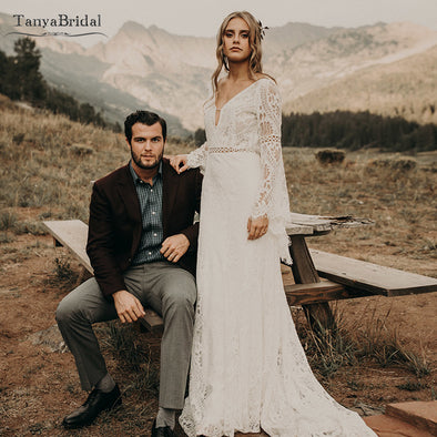 Long Sleeve V-Neck Romantic Boho Bridal Gowns A Line Noivas ZW878 – TANYA  BRIDAL