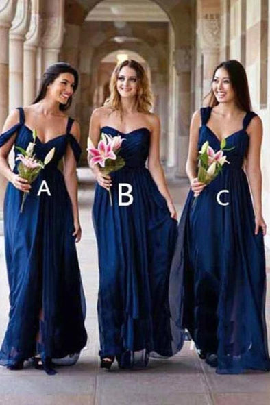 A Line Chiffon Maid of Honor Dress Navy Blue Bridesmaid Gown