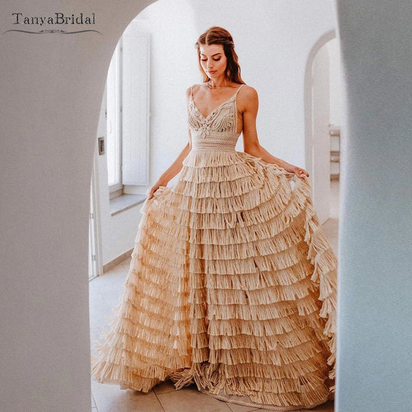 cotton wedding dresses Cotton Llinen Tassel Wedding Dresses V-Neck Vestido De Noivas Chic DW5 – TANYA BRIDAL