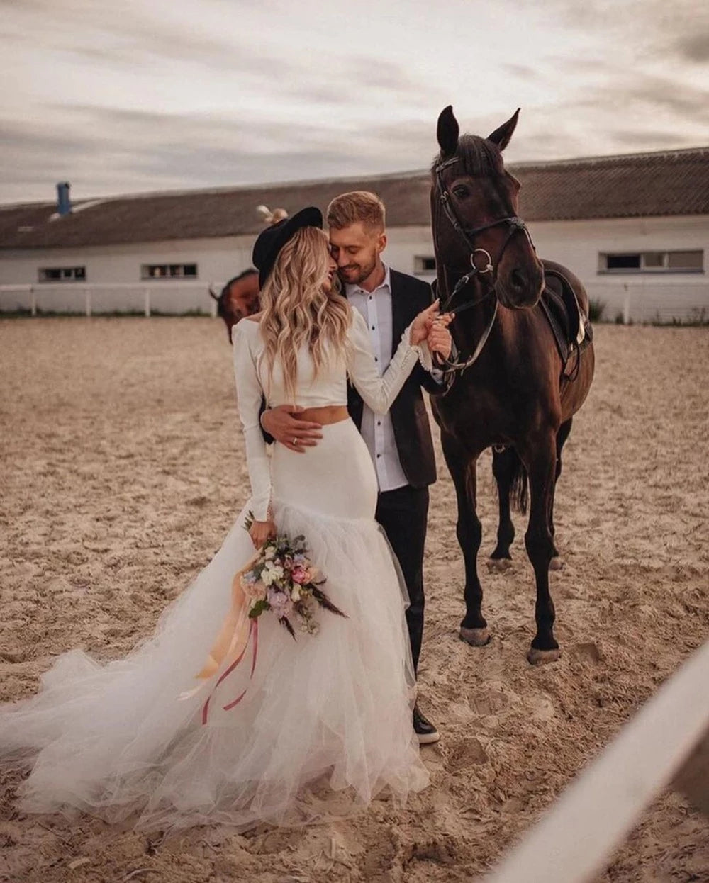 shein beach dresses Chic Two Piece Boho Wedding Dress with Sleeves A Line Chiffon Skirt Be –  Anna PromDress main image 0