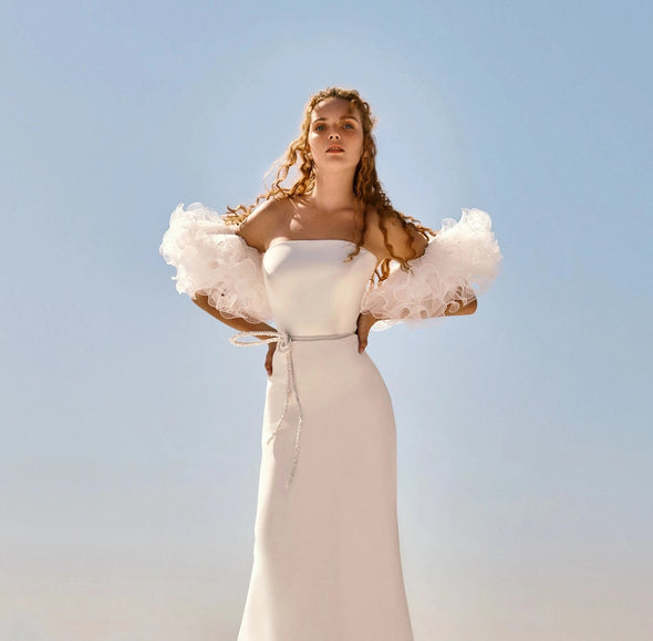 Crepe Removable Pleated Tulle Puffled Sleeves With Hand-Beaded DG090